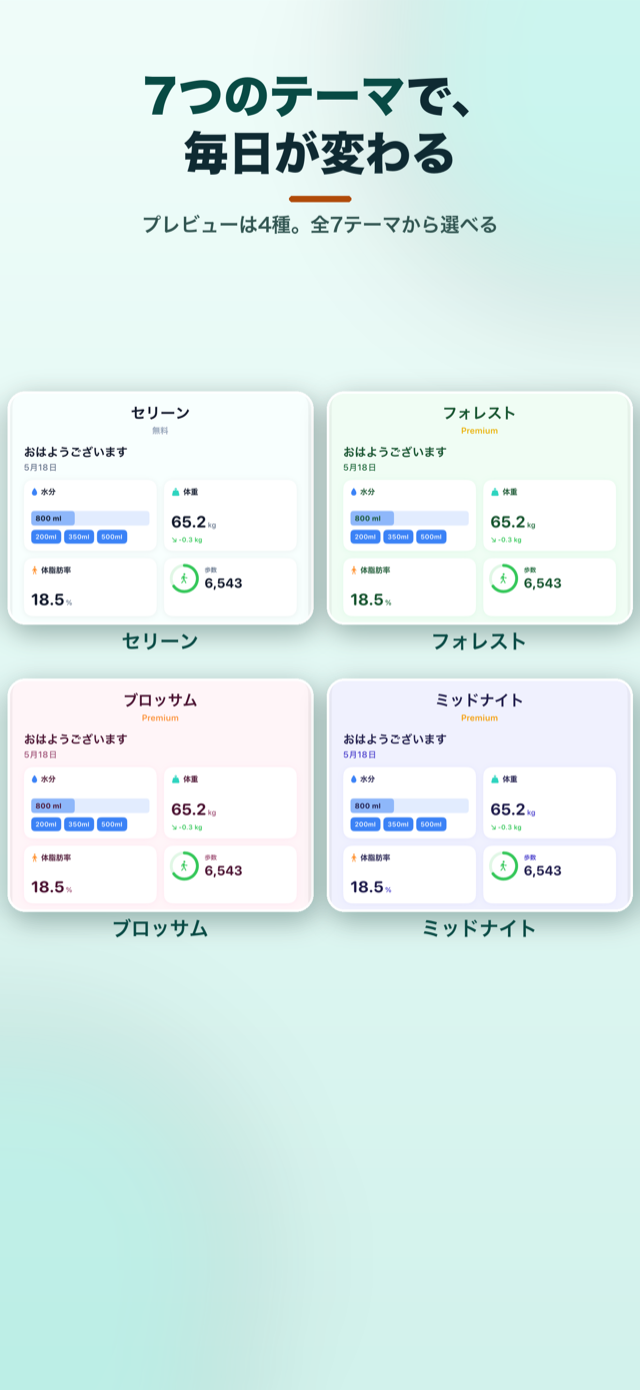 テーマ選択画面。セリーン・フォレスト・ブロッサム・ミッドナイトなど全7テーマから選べる